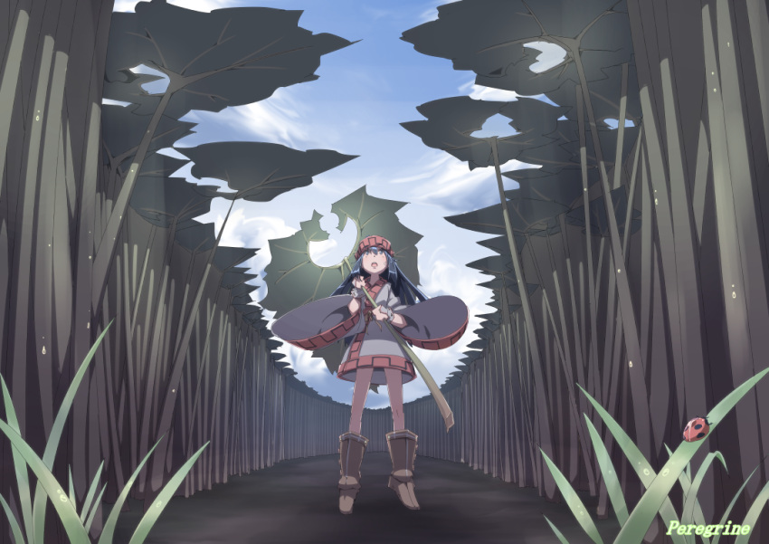 1girl, ainu_clothes, black_hair, headband, kororo, kurobe_tamiko, leaf_umbrella, long_hair