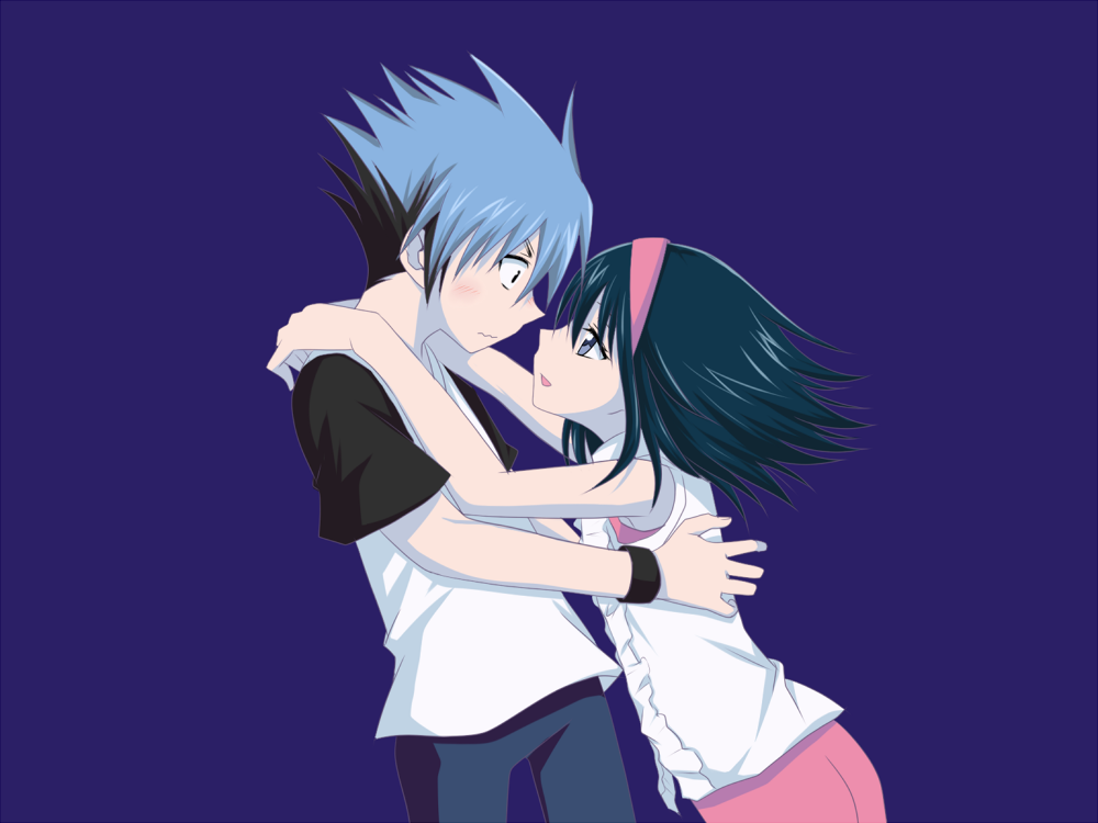 1boy, 1girl, black_hair, blue_hair, eye_contact, hayasaka_riku, hug, kannazuki_no_miko, kurobe_tamiko, long_hair, looking_at_another, miko_embrace, parody, shaman_king, short_hair, usui_horokeu, younger