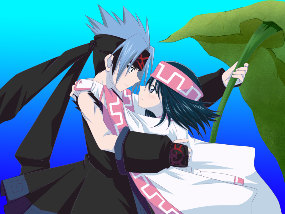1boy, 1girl, black_hair, blue_hair, eye_contact, hayasaka_riku, headband, hug