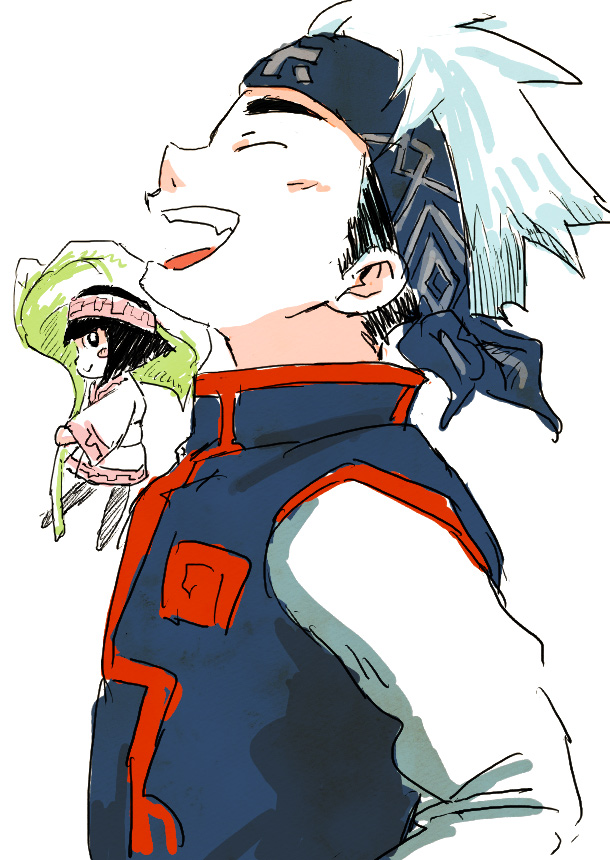 1boy, 1girl, black_hair, blue_hair, headband, kororo, kta_(kawasakimakimaki), laughing