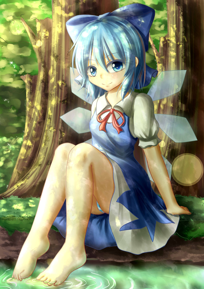 1girl, absurdres, barefoot, blue_dress, blue_eyes, blue_hair, bow, cirno