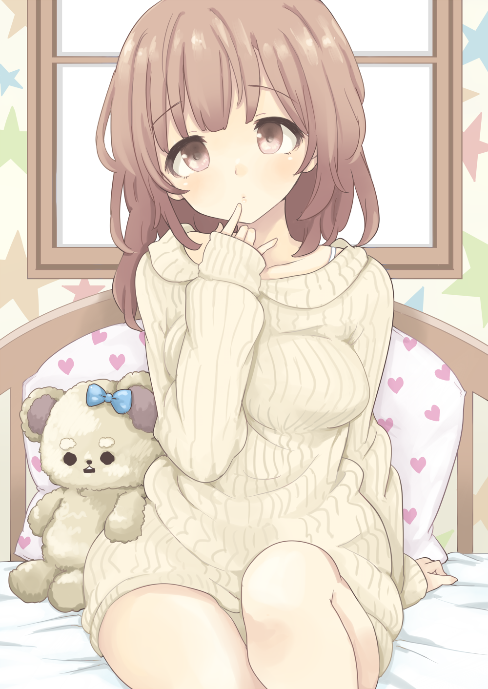 1girl, bed, brown_eyes, brown_hair, highres, long_hair, morina_nao, original