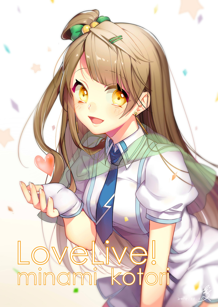 1girl, blush, brown_hair, character_name, copyright_name, earrings, fingerless_gloves, gloves