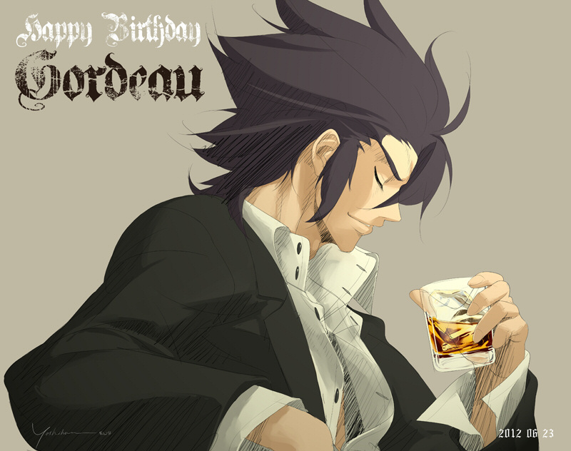 1boy, artist_request, black_hair, dated, drink, formal, french-bread, glass