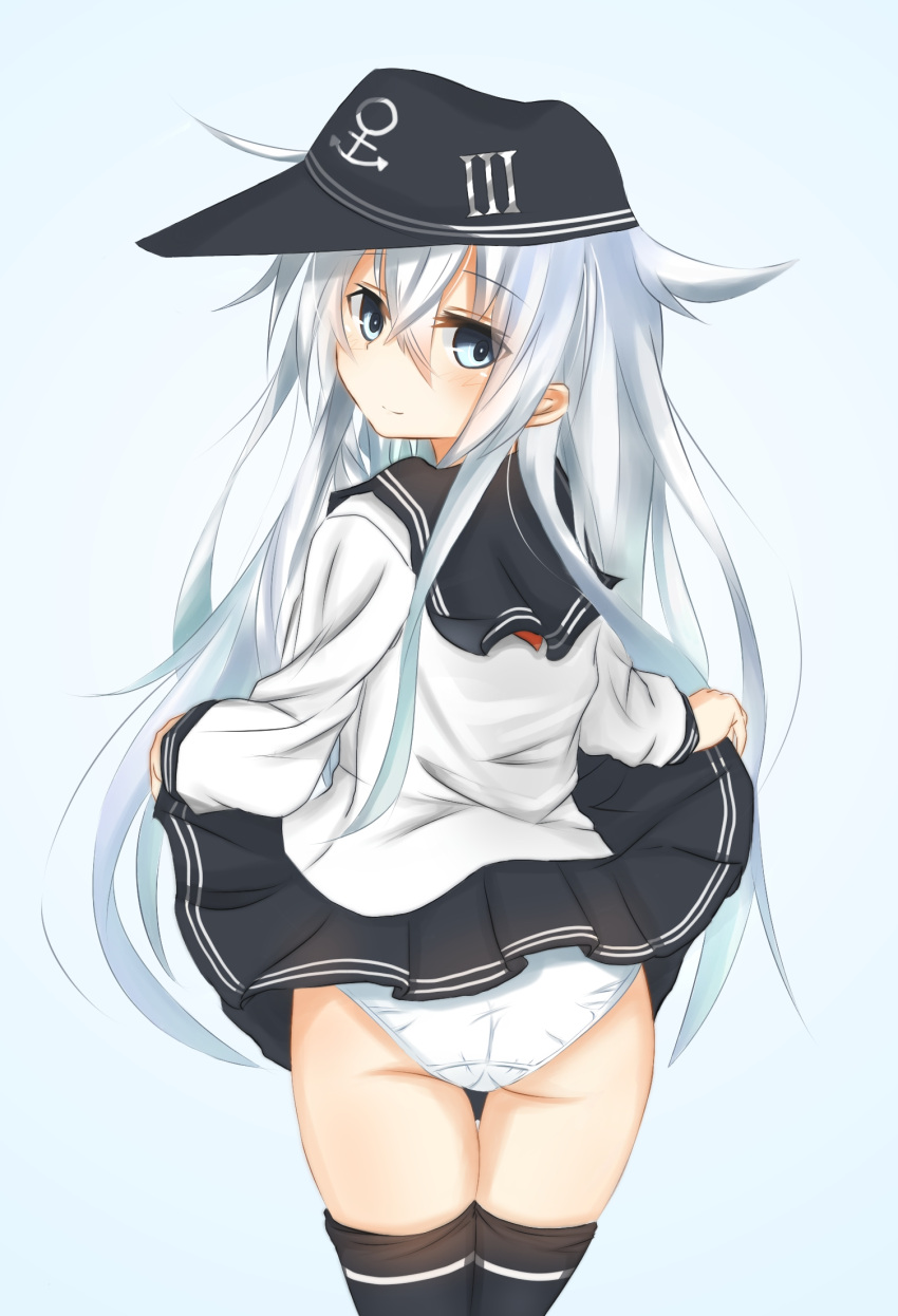 1girl, ass, black_legwear, blue_eyes, blush, cowboy_shot, eve_(kenzen), from_behind