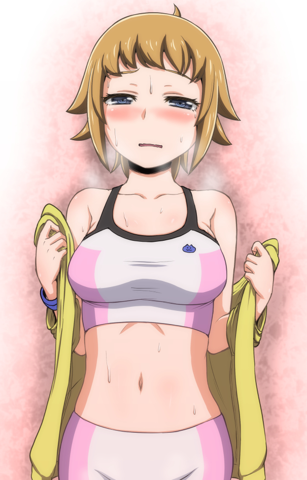 1girl, bike_shorts, blue_eyes, blush, breasts, breath, brown_hair, gundam, gundam_build_fighters, gundam_build_fighters_try, hone_koppunn, hoshino_fumina, jacket, midriff, navel, short_hair, solo, sports_bra, wavy_mouth