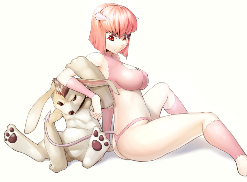 1girl, annoyed, ass, breasts, demon_girl, demon_tail, fang, hare_(monster_farm), horns, monster_farm, pink_hair, pixie_(monster_farm), red_eyes, short_hair, sitting, tail, tkln