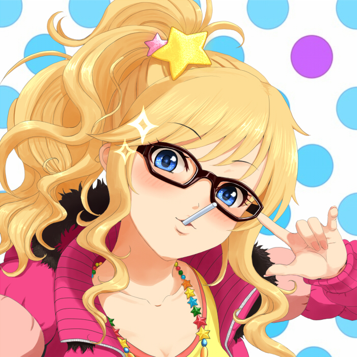 1girl, blonde_hair, blue_eyes, candy, glasses, idolmaster, idolmaster_cinderella_girls, lollipop