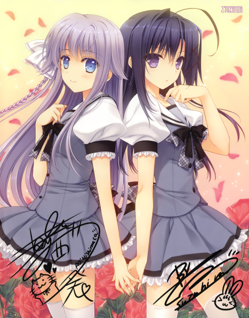 2girls, absurdres, blue_eyes, blue_hair, flower, highres, holding_hands, lavender_hair