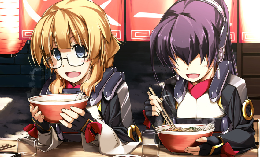2girls, adele_balfetto, blonde_hair, blue_eyes, eating, fingerless_gloves, food, glasses