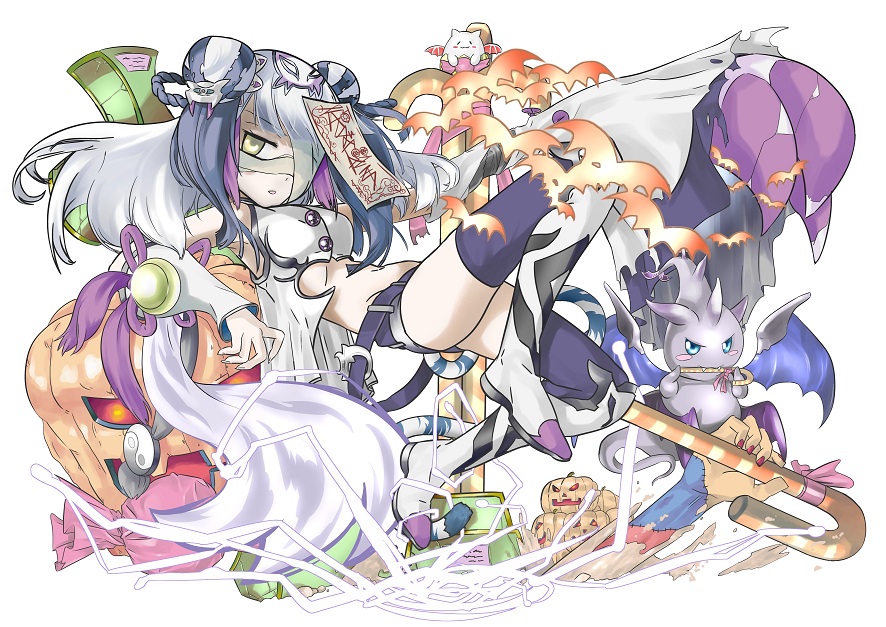 1girl, adapted_costume, bandages, bare_shoulders, bat, braid, candy, candy_cane