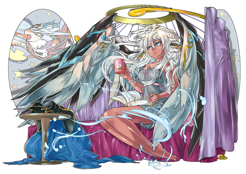 1girl, alternate_costume, angel, angel_wings, archangel_metatron_(p&amp;d), bare_legs, bird, blue_eyes