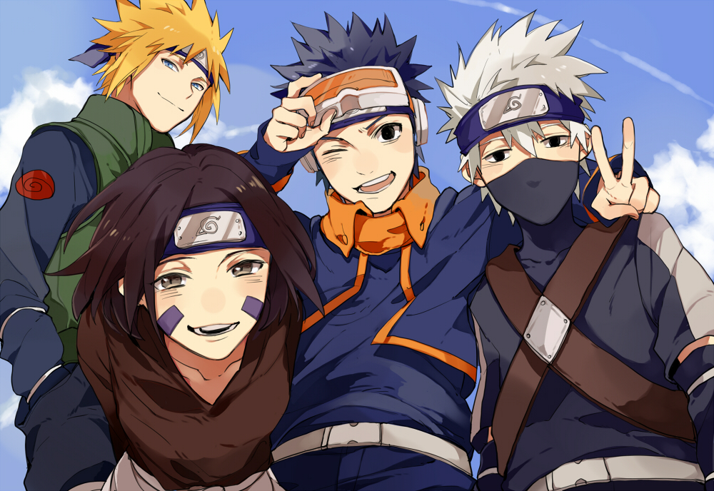 1girl, 3boys, black_eyes, black_hair, blonde_hair, blue_eyes, brown_eyes, forehead_protector, goggles, hatake_kakashi, kkkkt, mask, multiple_boys, namikaze_minato, naruto, nohara_rin, short_hair, silver_hair, smile, spiky_hair, uchiha_obito, v, winking