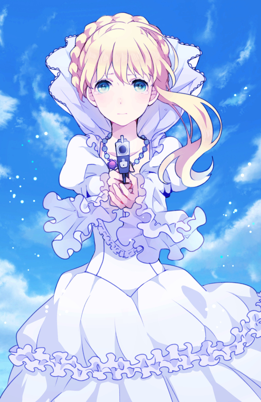 1girl, aiming_at_viewer, aldnoah.zero, asseylum_vers_allusia, bisco9skm, blonde_hair, blue_eyes, dress