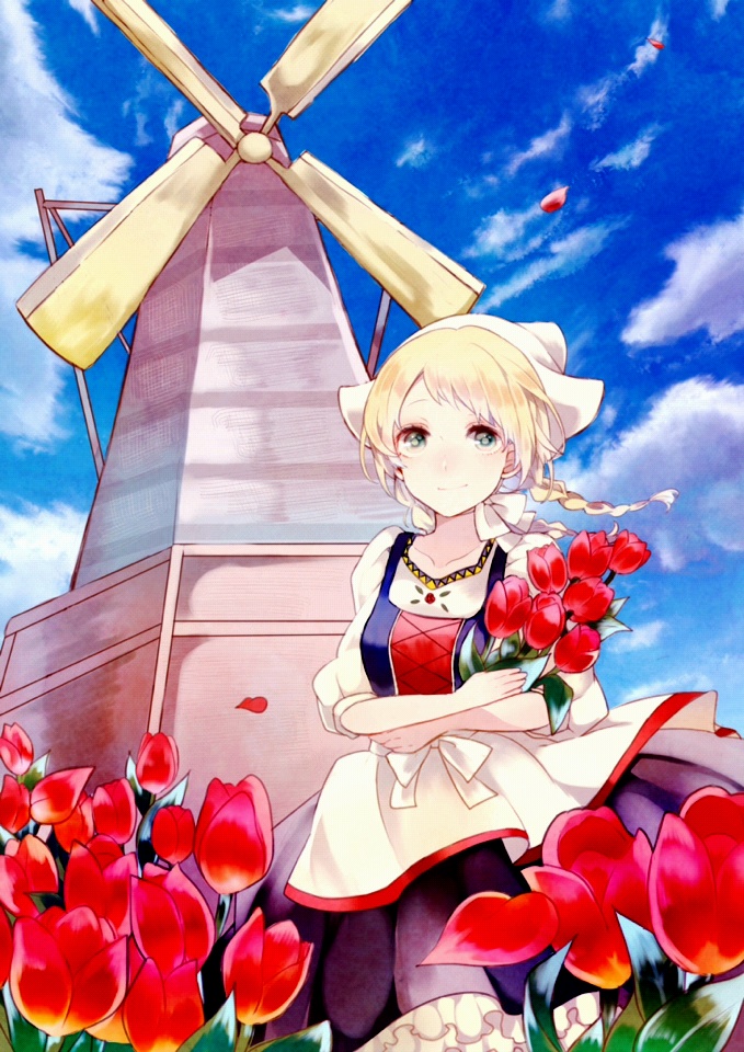 1girl, bisco9skm, blonde_hair, blue_eyes, braid, carrying, flower, headwear