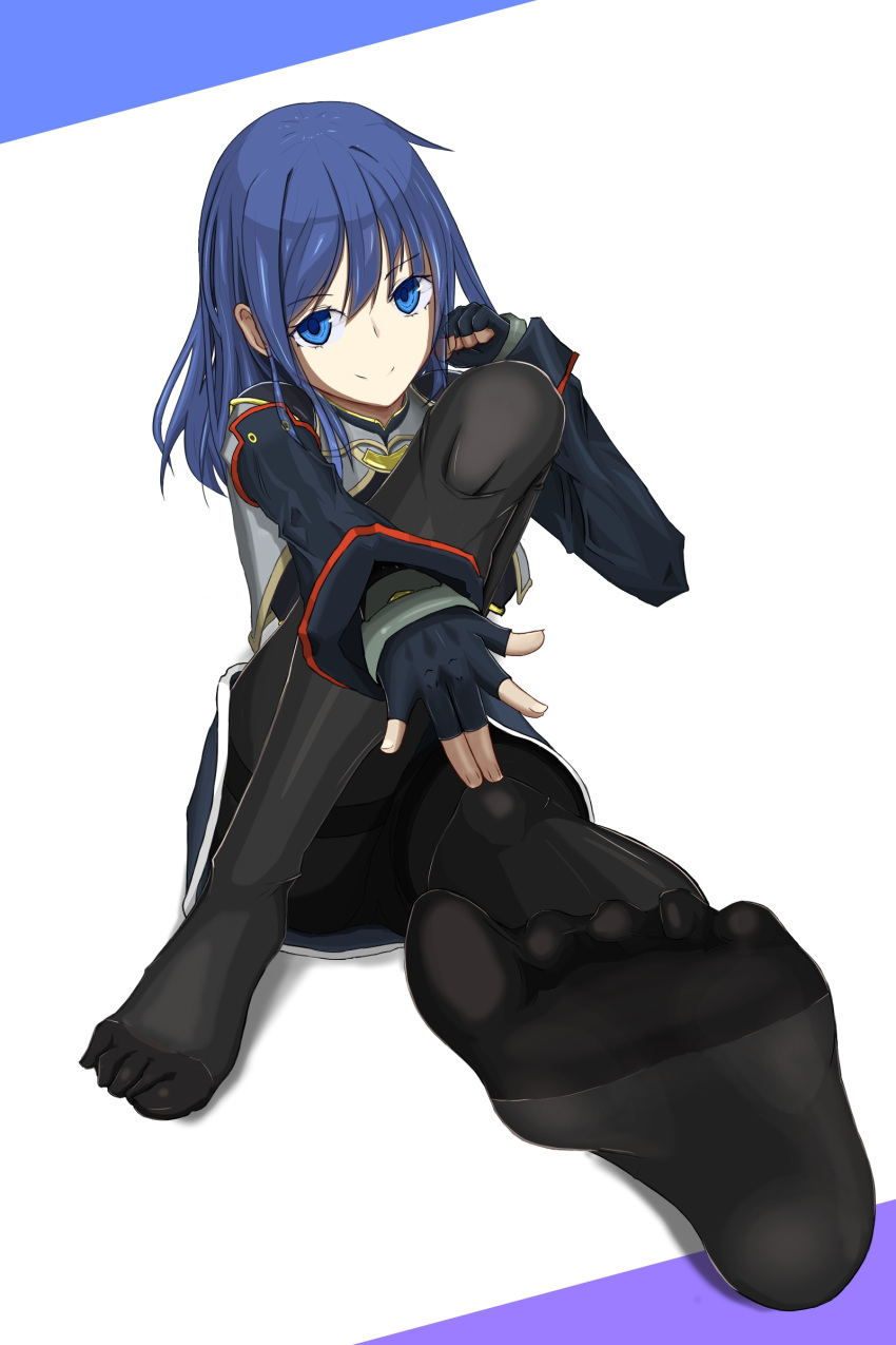 absurdres, blue_eyes, blue_hair, feet, fingerless_gloves, foreshortening, gloves, highres
