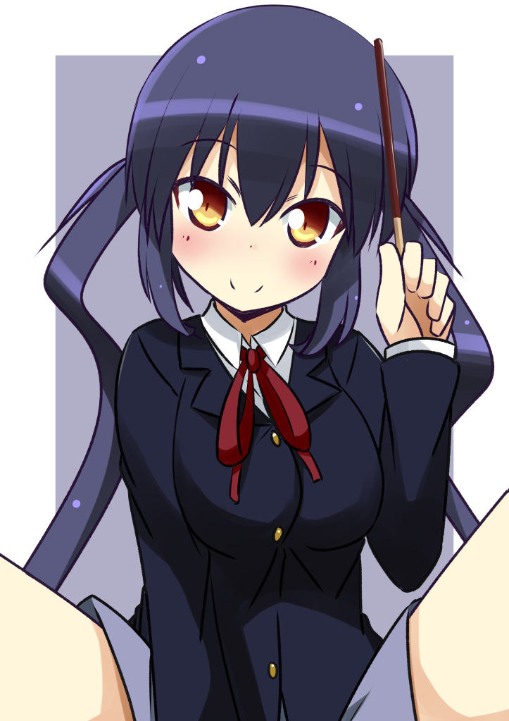1girl, black_hair, brown_eyes, k-on!, long_hair, nakano_azusa, naruse_mai, pocky