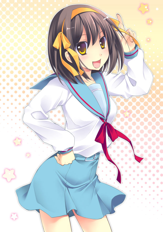 chany, hairband, hand_on_hip, school_uniform, serafuku, solo, suzumiya_haruhi, suzumiya_haruhi_no_yuuutsu