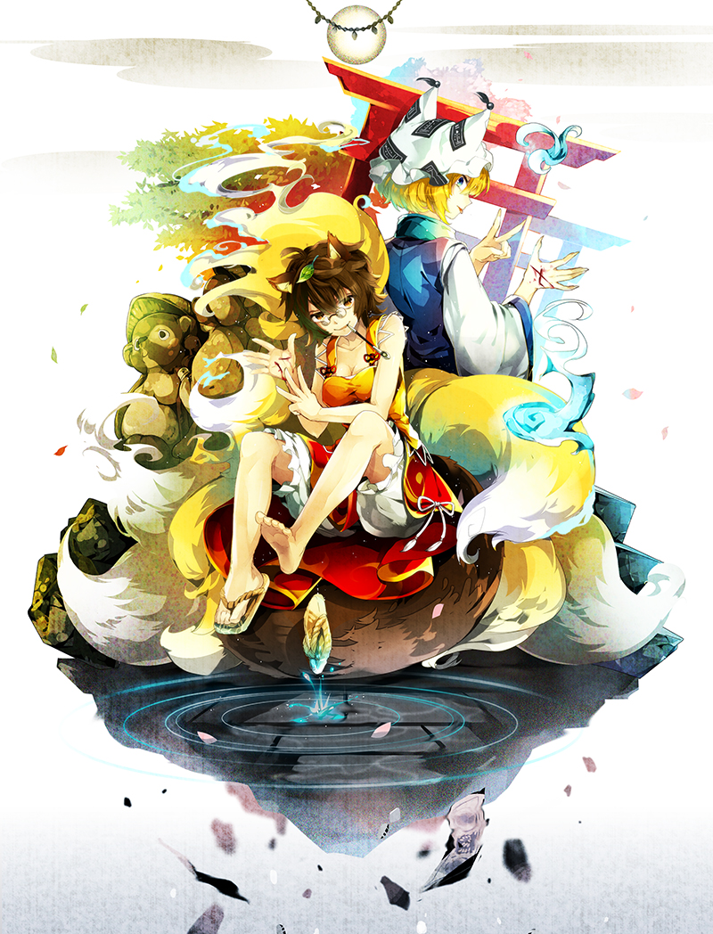 2girls, animal_ears, back-to-back, blonde_hair, blood, bloomers, blue_eyes, brown_eyes, brown_hair, fox_tail, full_moon, futatsuiwa_mamizou, glasses, hat, kiseru, leaf, leaf_on_head, moon, mouth_hold, multiple_girls, multiple_tails, mutsuki_(ama245), pipe, raccoon_ears, raccoon_tail, sandals, scar, tail, tanuki, tongue, tongue_out, torii, touhou, underwear, yakumo_ran