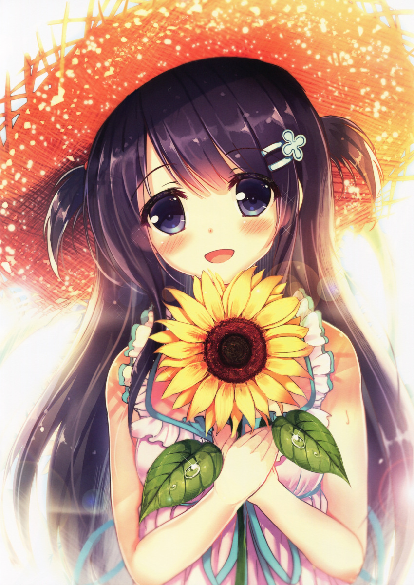1girl, absurdres, akabane_(zebrasmise), bare_shoulders, black_hair, blue_eyes, blush, dew_drop