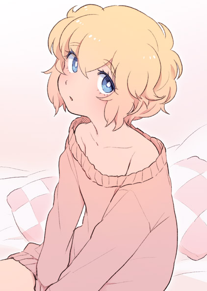 1boy, androgynous, blonde_hair, blue_eyes, blush, danball_senki, danball_senki_wars, hoshihara_hikaru, male, naruko_(nalcoro), short_hair, solo, sweater, trap