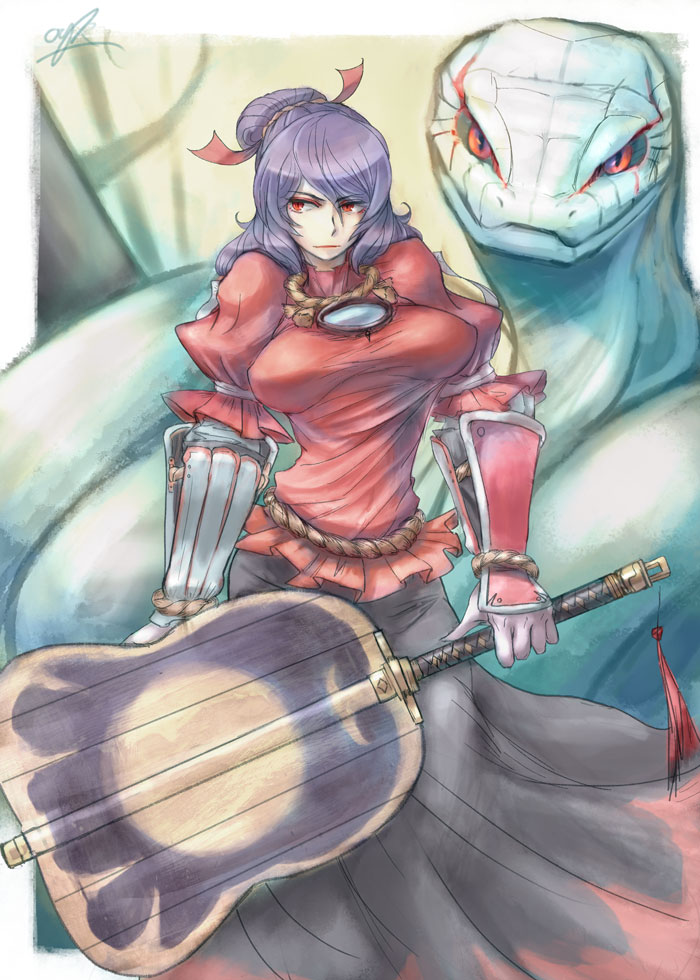 1girl, armor, artist_name, breasts, breasts_apart, gauntlets, hair_bun, holding