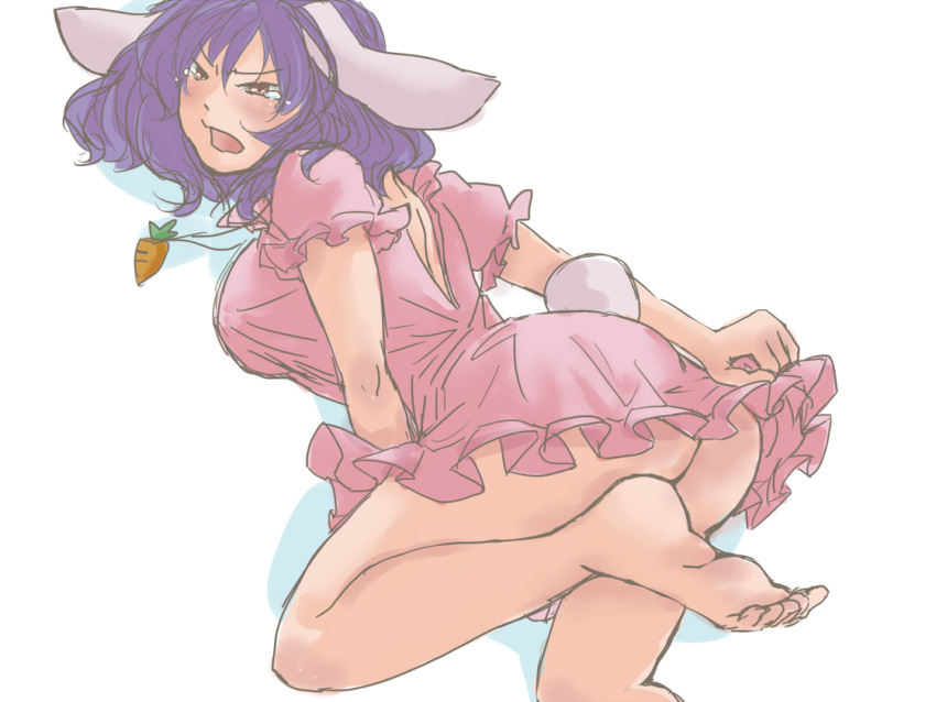 1girl, animal_ears, arms, ass, bare_legs, barefoot, breasts, bunny_tail