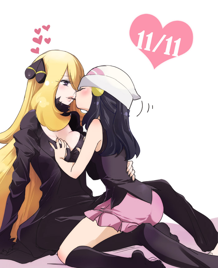 beanie, black_hair, blonde_hair, breast_grab, brown_eyes, chorimokki, closed_eyes, hair_ornament