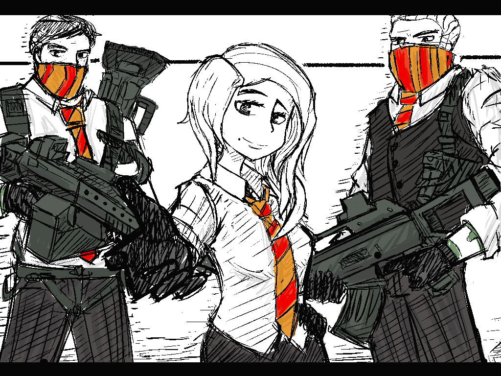 1girl, 2boys, assault_rifle, bazooka, burning_grey, exalt_operative, gloves, gun, long_hair, machine_gun, mole, multiple_boys, necktie, parody, rifle, rocket_launcher, sketch, smile, uniform, vest, weapon, x-com