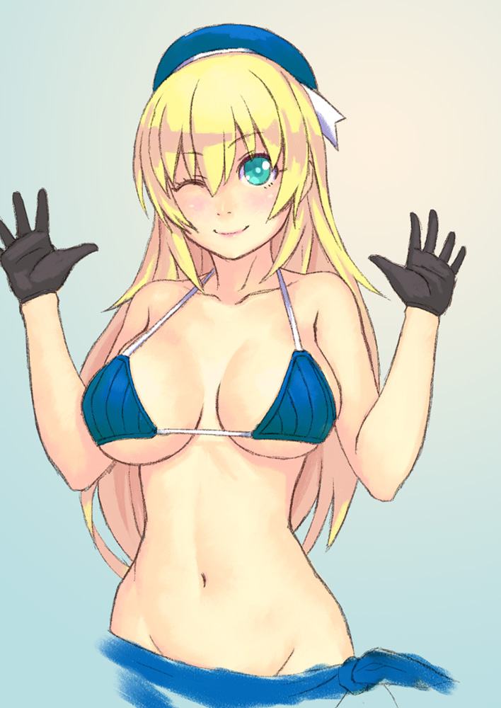 1girl, and, atago_(kantai_collection), beret, bikini_top, blonde_hair, blue-eyes, breasts