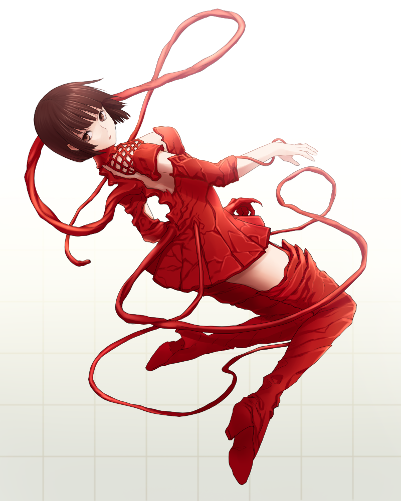 1girl, alien, benisuzume_(gauna), bob_cut, boots, brown_eyes, brown_hair, chimachi
