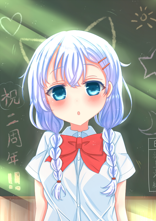 1girl, :o, animal_ears, blue_eyes, blush, bow, braid, chalkboard, commentary_request, fake_animal_ears, girlfriend_(kari), hair_ornament, hairclip, heart, looking_at_viewer, low_twintails, murakami_fumio, open_mouth, osakilo, solo, tagme, translation_request, twin_braids, twintails, white_hair