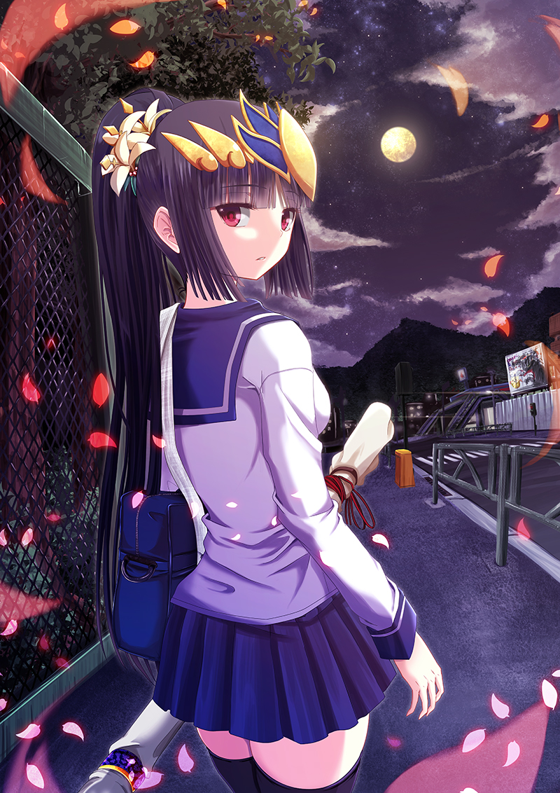 1girl, bag, black_hair, full_moon, looking_back, moon, night, petals