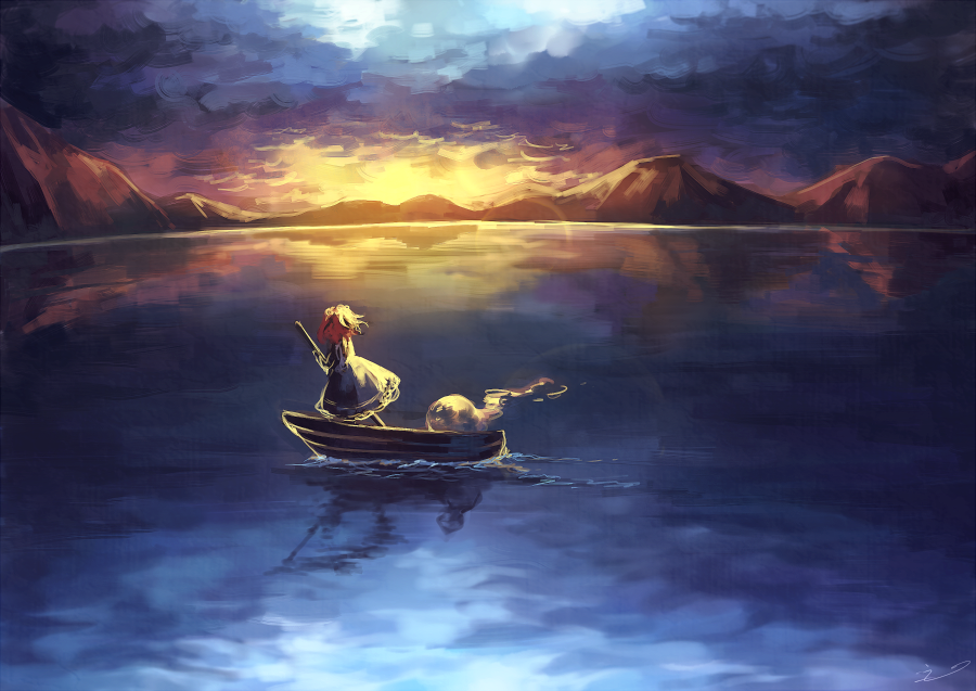 1girl, blue_dress, boat, clouds, cloudy_sky, different_reflection, dress, ghost, hair_bobbles, hair_ornament, inari_(flandoll-scarlet-devil), mountain, onozuka_komachi, redhead, reflection, river, sanzu_river, scythe, sky, sunset, touhou, water