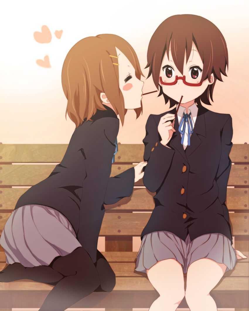 2girls, absurdres, bench, brown_hair, closed_eyes, glasses, highres, hirasawa_yui