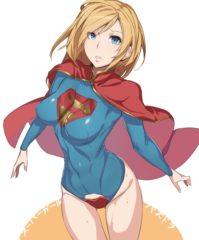 1girl, blonde_hair, blue_eyes, breasts, cape, covered_navel, dc_comics, leotard, mound_of_venus, netlk, parted_lips, skin_tight, solo, supergirl, sweat, thigh_gap, toned