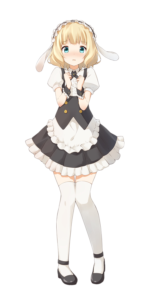 1girl, animal_ears, blonde_hair, blue_eyes, blush, bunny_ears, frills, gochuumon_wa_usagi_desuka?, kirima_sharo, looking_at_viewer, open_mouth, short_hair, suke_(momijigari), thigh-highs, waitress, white_legwear, wrist_cuffs