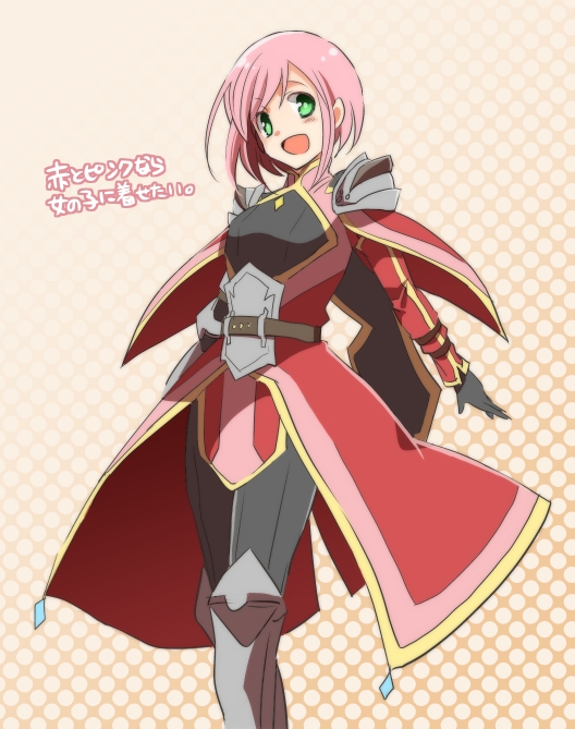 1girl, :d, alexei_dinoia, alexei_dinoia_(cosplay), armor, belt, boots, capelet, cosplay, estellise_sidos_heurassein, gloves, green_eyes, knee_boots, open_mouth, pants, pauldrons, pink_hair, rihitoman, short_hair, smile, solo, surcoat, tales_of_(series), tales_of_vesperia, translation_request