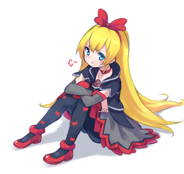 1girl, :t, anklet, annoyed, arm_warmers, bat_print, black_legwear, blonde_hair, blue_eyes, blush, bow, chiroru_(7450n), choker, dokidoki!_precure, grey_skirt, hair_bow, hairband, jewelry, long_hair, pantyhose, precure, regina_(dokidoki!_precure), shoes, sitting, skirt, solo, white_background