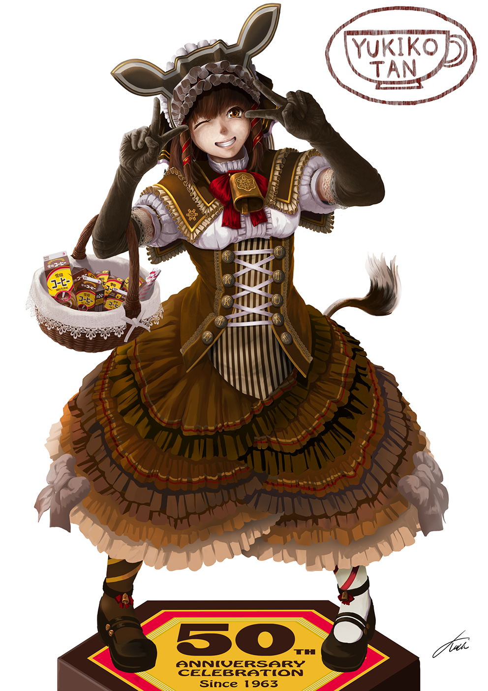 1girl, ;), animal_ears, basket, bell, black_gloves, brown_eyes, brown_hair