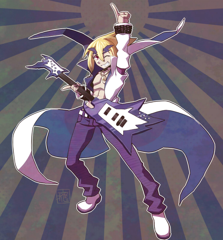 1boy, akutare_(disgaea), arm_up, blonde_hair, coat, disgaea, grin, guitar