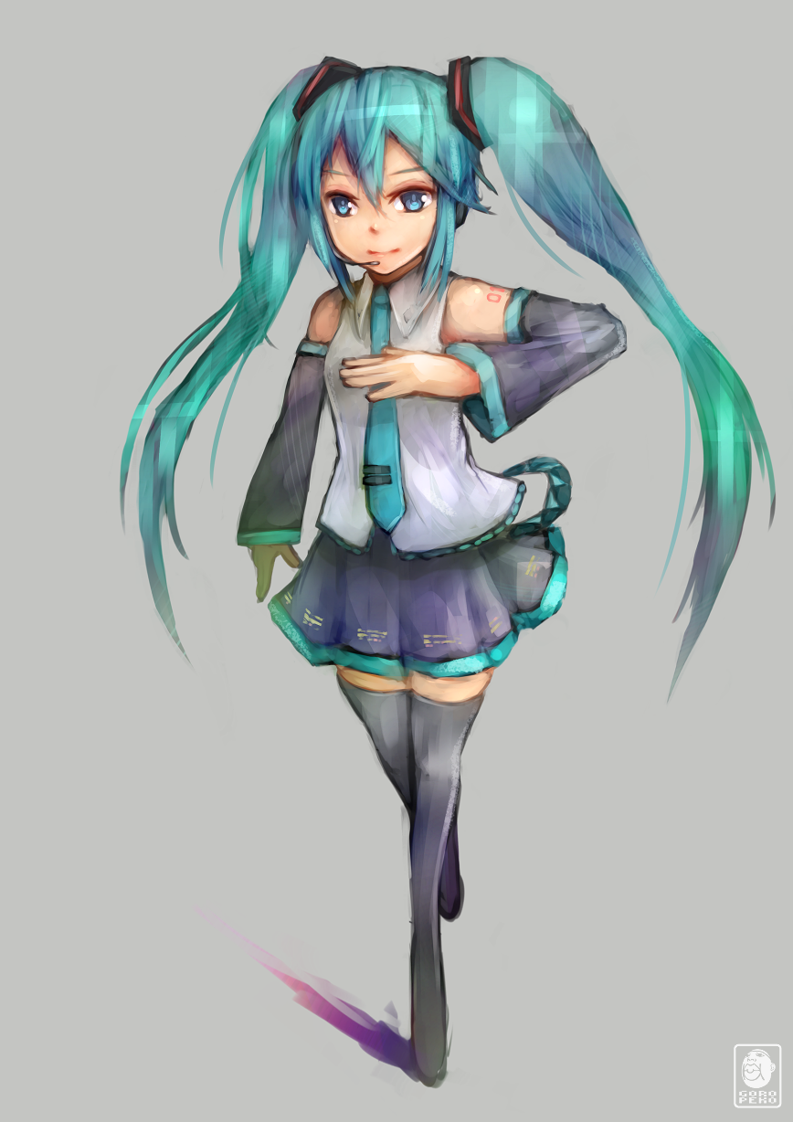 1girl, aqua_eyes, aqua_hair, black_legwear, boots, detached_sleeves, goropeko, grey_background