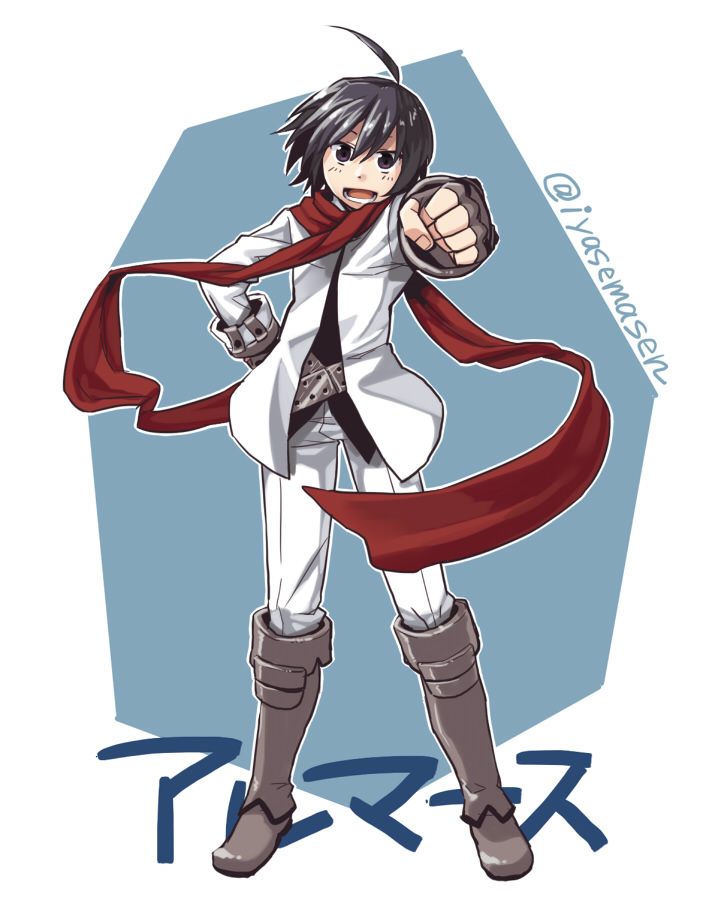 1boy, ahoge, almaz_von_almadine_adamant, black_hair, blue_background, boots, brown_eyes, character_name, clenched_hand, disgaea, fingerless_gloves, gloves, hand_on_hip, jacket, knee_boots, makai_senki_disgaea_3, male, pants, scarf, smile, solo, standing, twitter_username, yu_(kaburimono_ex)