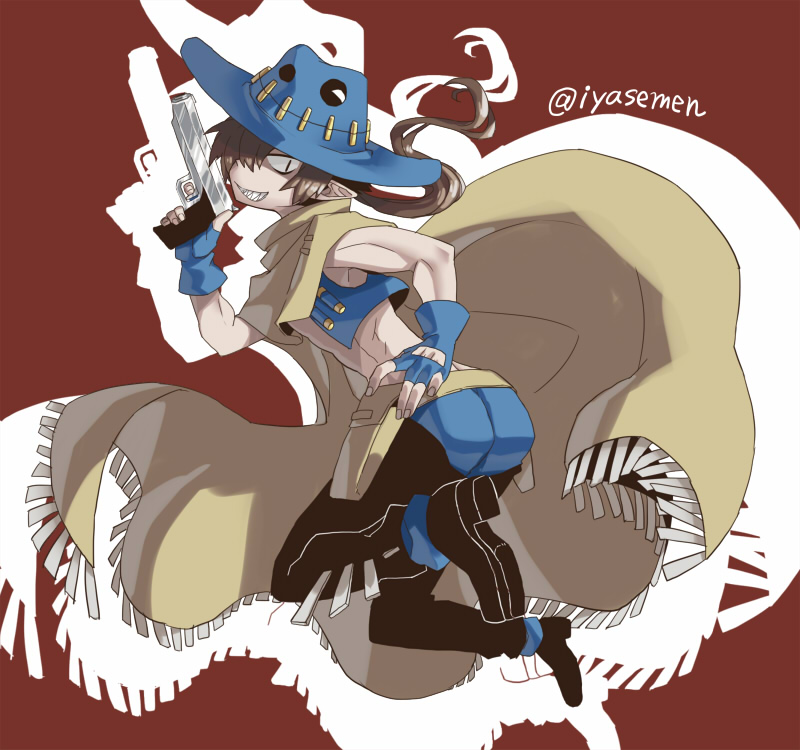 1boy, brown_hair, cape, cowboy_hat, disgaea, fingerless_gloves, fringe, gloves