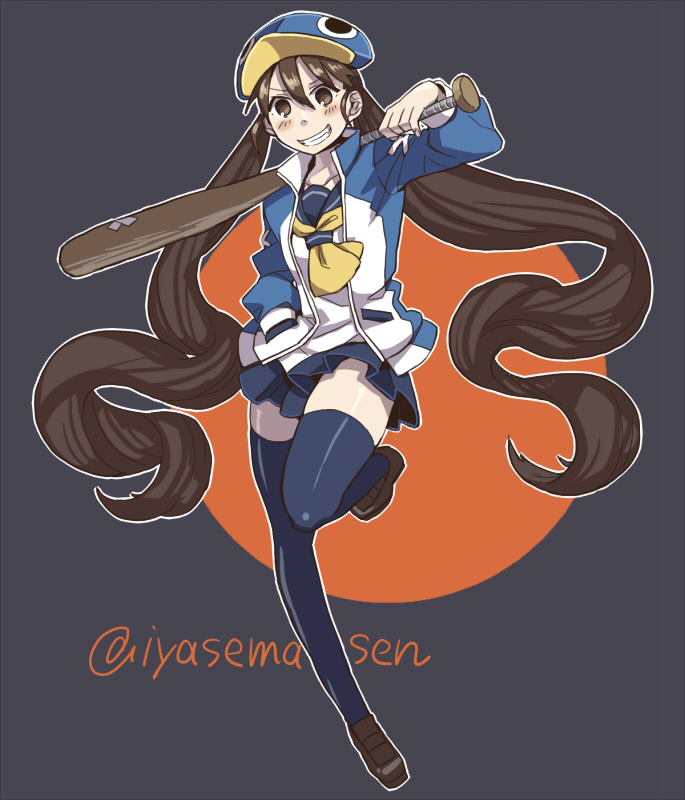 1girl, baseball_bat, black_legwear, blue_skirt, brown_eyes, brown_hair, disgaea, grey_background