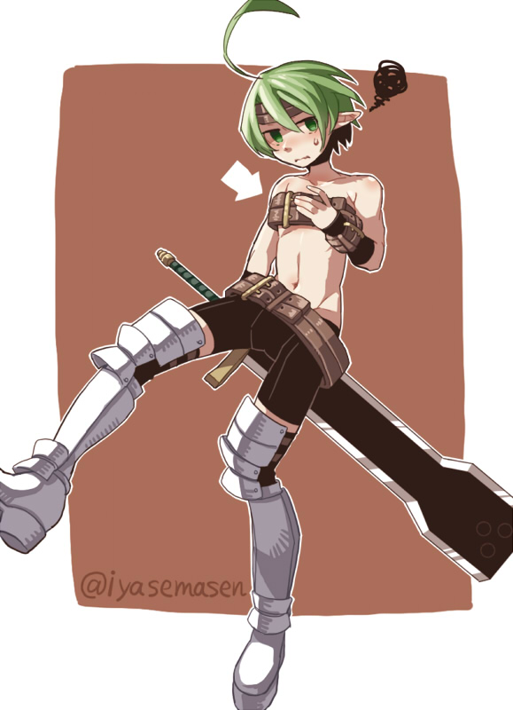 1girl, ahoge, armor, belt, beltbra, bike_shorts, boots, brown_background, directional_arrow, disgaea, female_warrior_(disgaea), greaves, green_eyes, green_hair, headband, short_hair, solo, sweat, sword, thigh-highs, thigh_boots, twitter_username, weapon, yu_(kaburimono_ex)