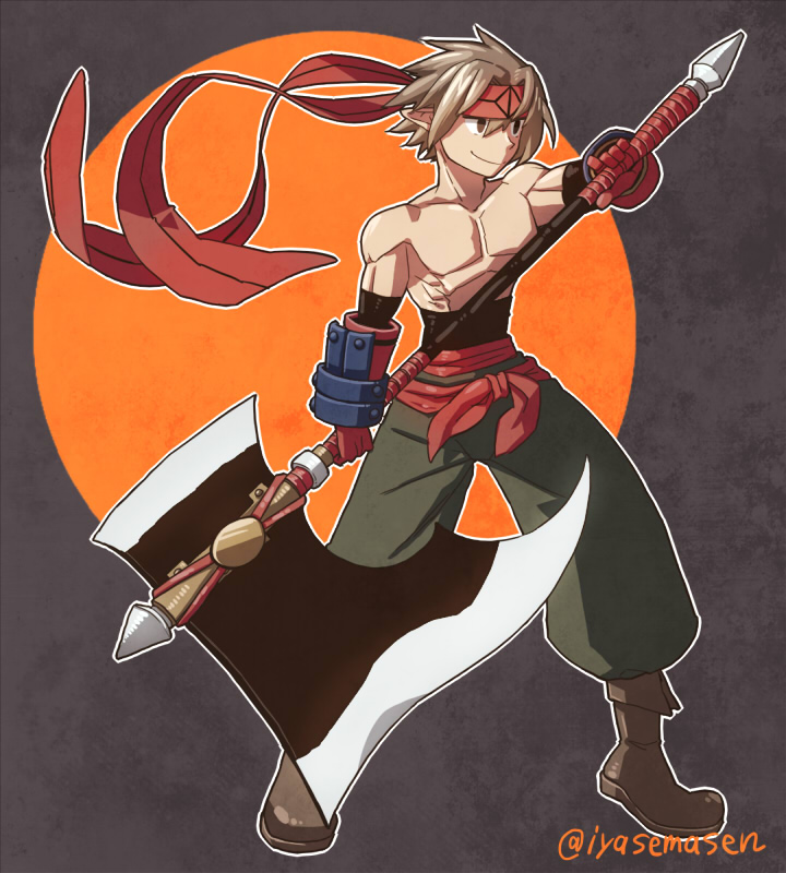 1boy, axe, brown_eyes, brown_hair, disgaea, gloves, grey_background, headband, male, male_warrior_(disgaea), muscle, pants, shirtless, shoes, smile, solo, standing, twitter_username, weapon, yu_(kaburimono_ex)