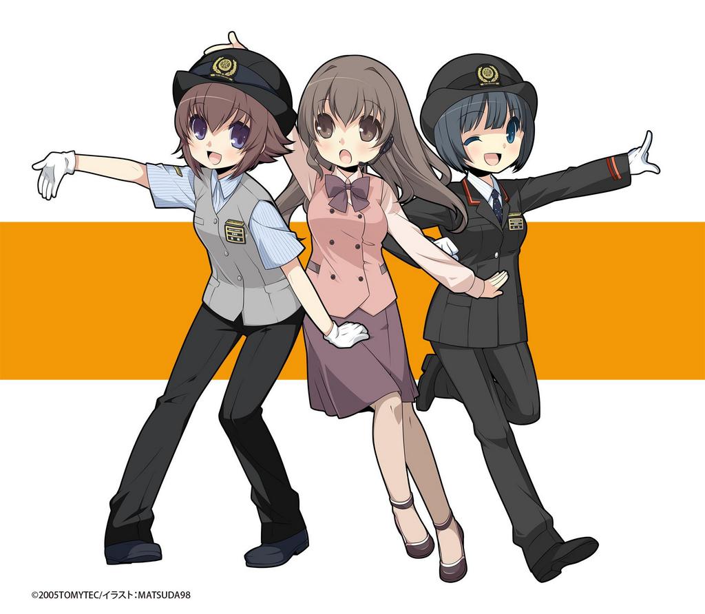 3girls, artist_name, black_eyes, black_hair, brown_eyes, brown_hair, full_body, gloves, hat, headset, himemiya_nana, kurihashi_minami, long_hair, looking_at_viewer, matsuda98, mibu_emiko, multiple_girls, name_tag, neck_ribbon, necktie, official_art, one_eye_closed, open_mouth, pants, pantyhose, pigeon-toed, ribbon, shoes, short_hair, short_sleeves, skirt, smile, standing, tetsudou_musume, tobu_railway, uniform, vest, violet_eyes, white_gloves, winking