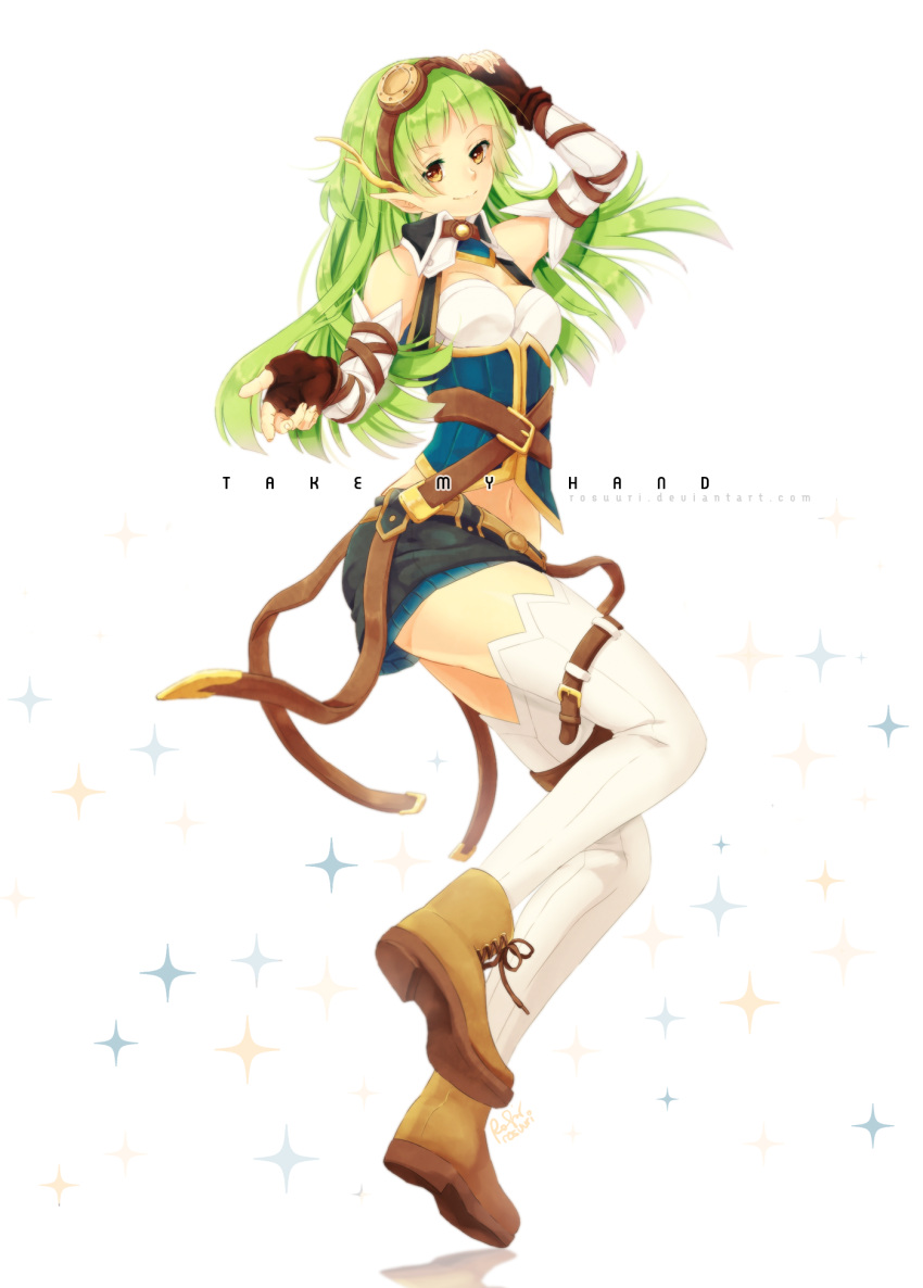 1girl, adjusting_goggles, bare_shoulders, belt, borrowed_character, breasts, elbow_gloves, fingerless_gloves