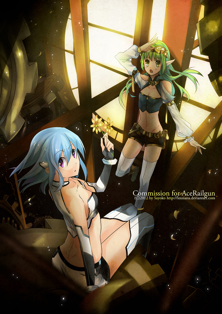 2012, 2girls, alpha_(acerailgun), bare_shoulders, blue_hair, borrowed_character, elbow_gloves, fingerless_gloves